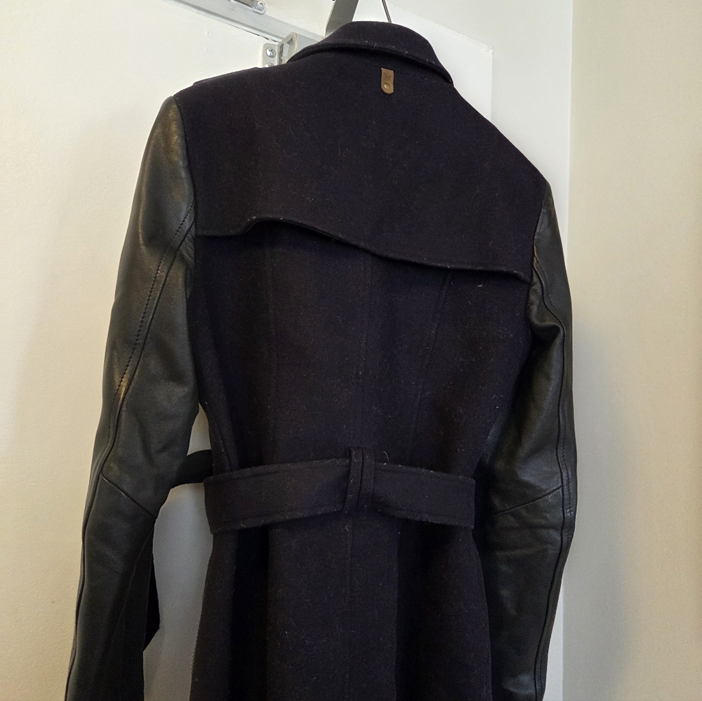 Women's Mackage Dale Wool Trench Coat with Leather Sleeves - Black - Size Medium - Picture 8 of 16